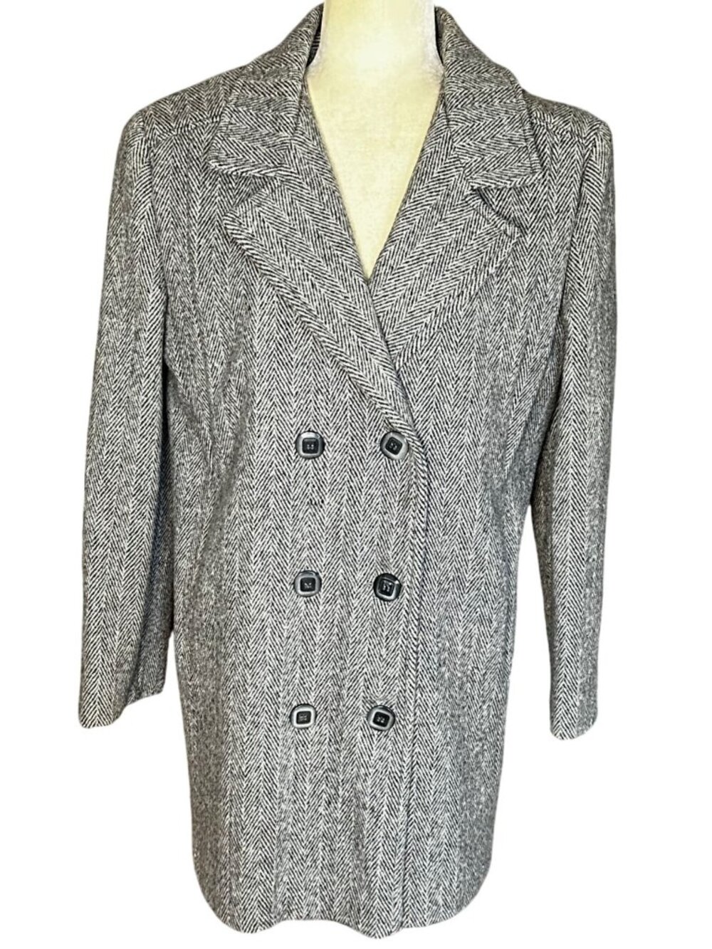 Vintage 80s Gray Herringbone Double Breasted Wool Coat ILGWU Size L Union Made